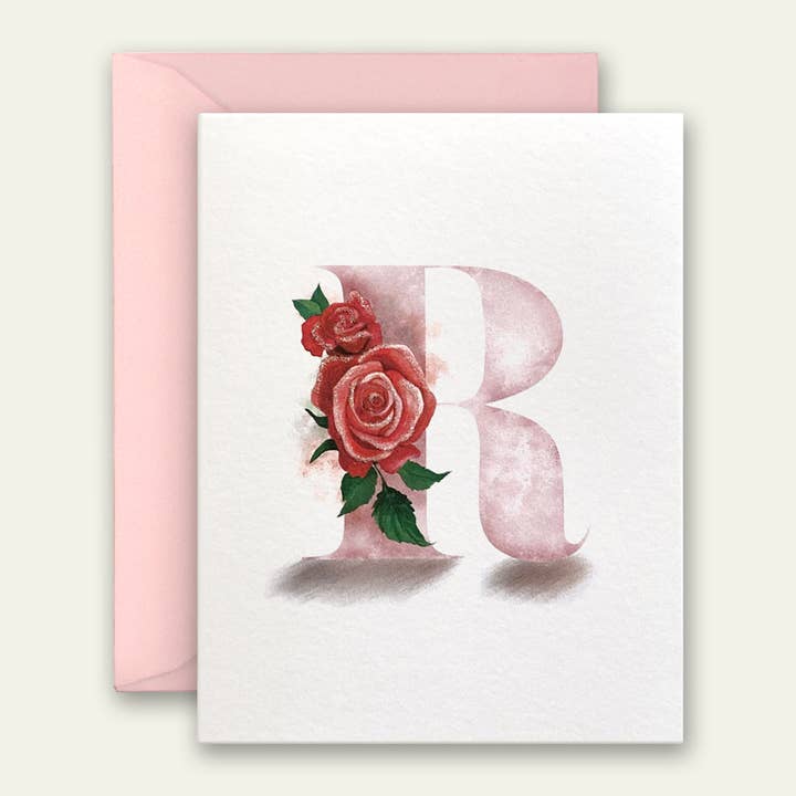 R Floral Monogram Everyday Greeting Card, Hand Embellished for wholesale by Carciofi Design