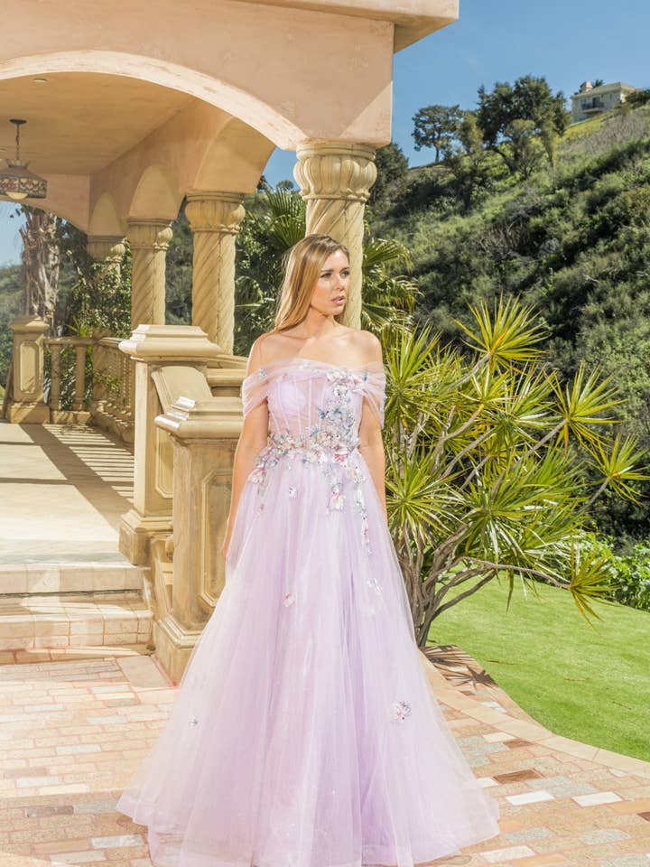 Strapless sweetheart neckline, dimensional floral applique & for wholesale by La Veneto