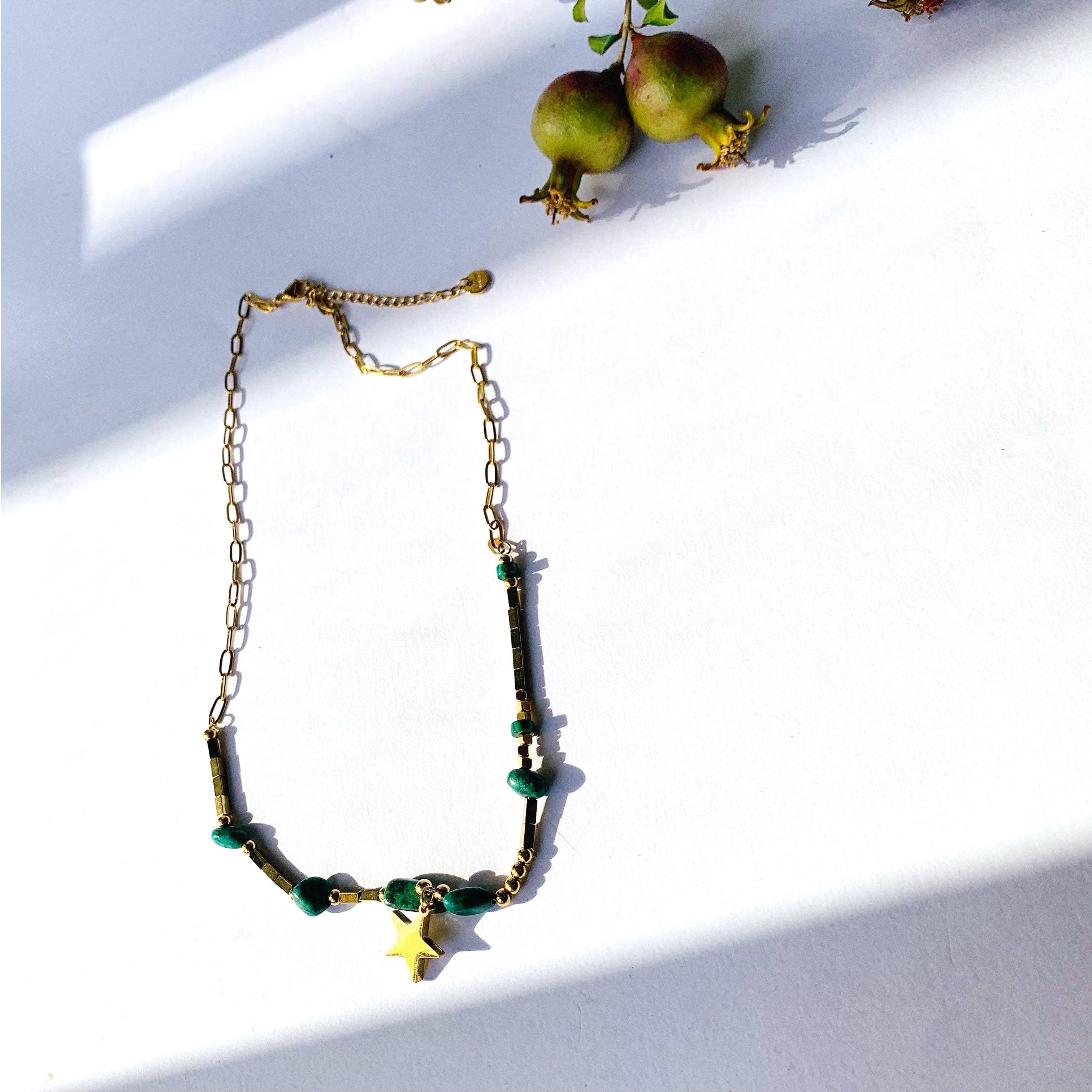 Atisha Spiritual Shop - Wholesale Pendant/Charm Necklace - STAR STONES Necklace ~ in STAINLESS Steel, with HARD stones and star-shaped charms0