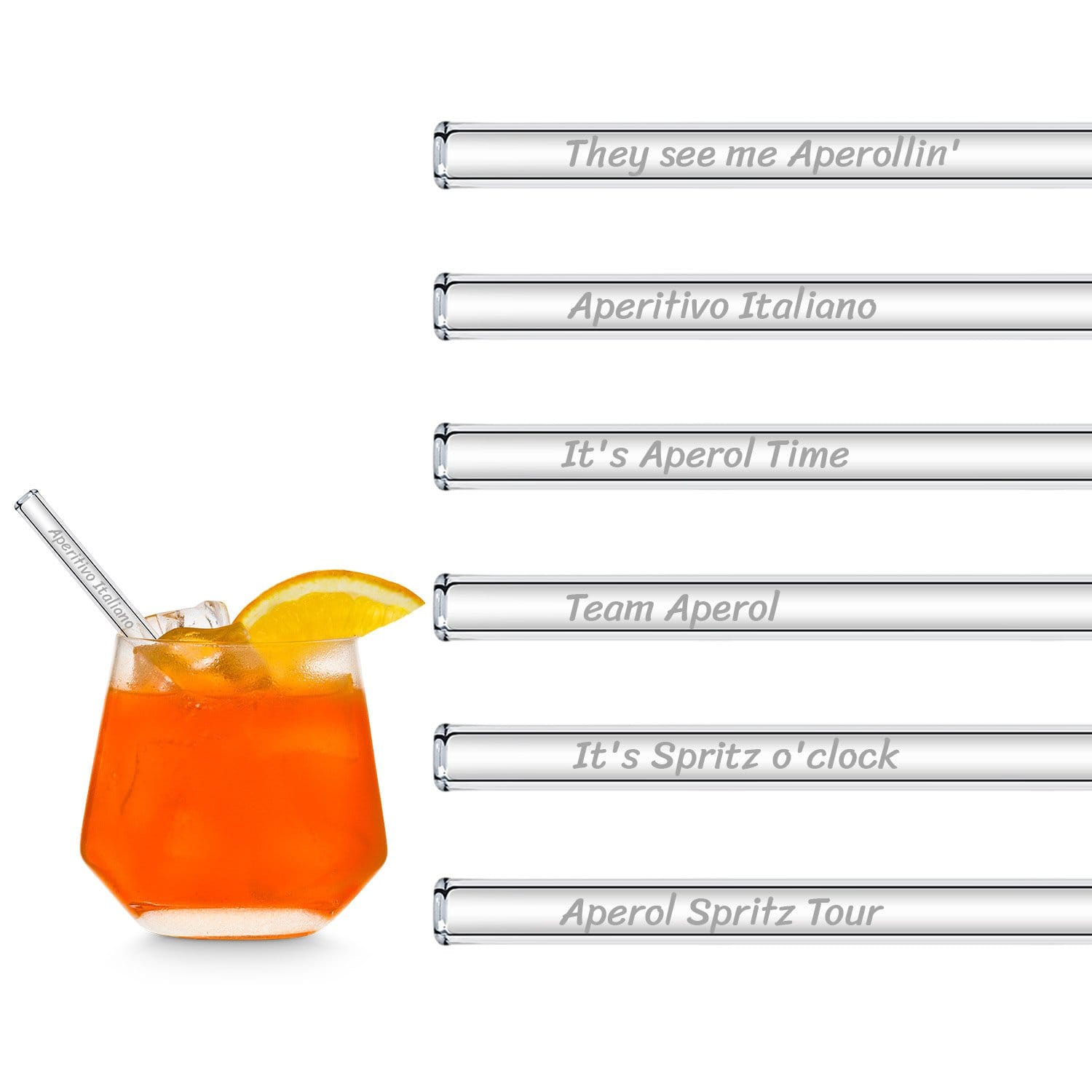 HALM Straws - Wholesale Drinking Straw - Aperol Spritz sayings engraved glass straws with 6 fun toasts7