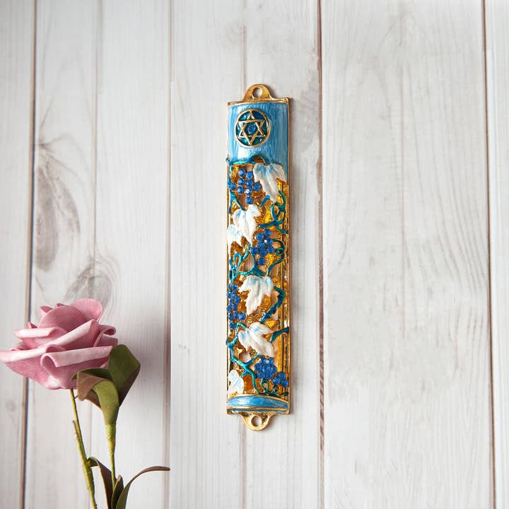 Matashi - Wholesale Wall Accent - Matashi Hand Painted 6" Blue and Ivory Enamel Grape Mezuzah
