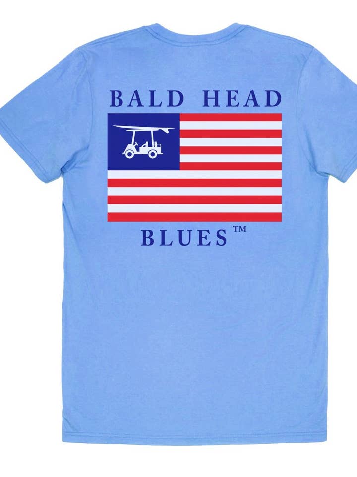 Island Tee - Short Sleeve USA Flag - Azure Blue for wholesale by Bald Head Blues