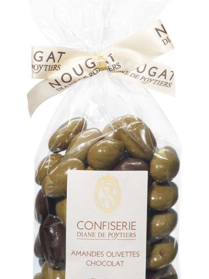 Mandlar med chokladöverdrag formade som oliver, 180 g påse för wholesale av Nougat Diane De Poytiers