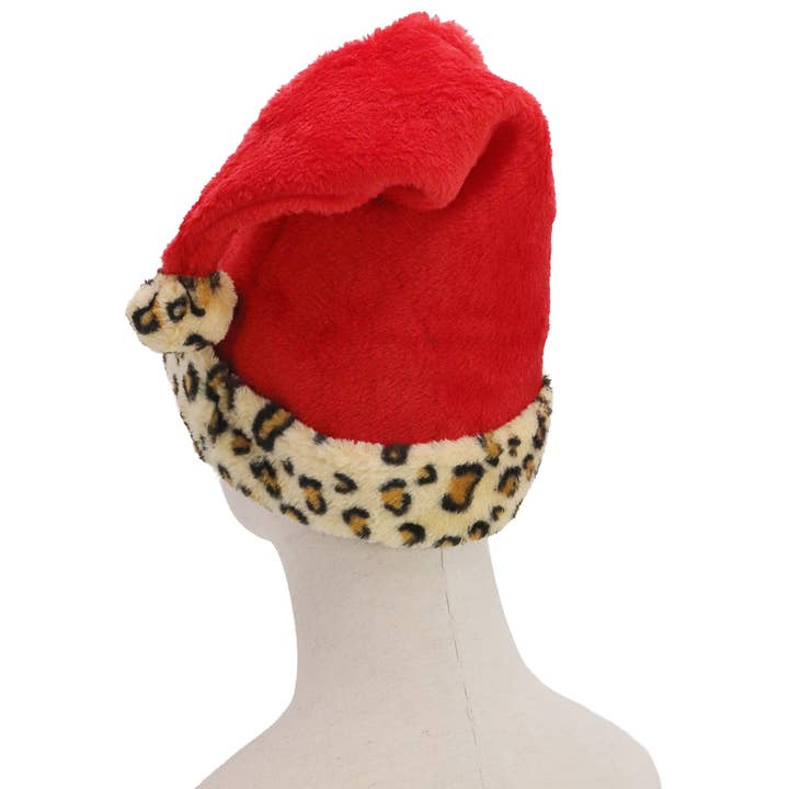 AS SHOWN Exotic Leopard Christmas Fuzzy Fleece Santa Hat for wholesale on Faire2