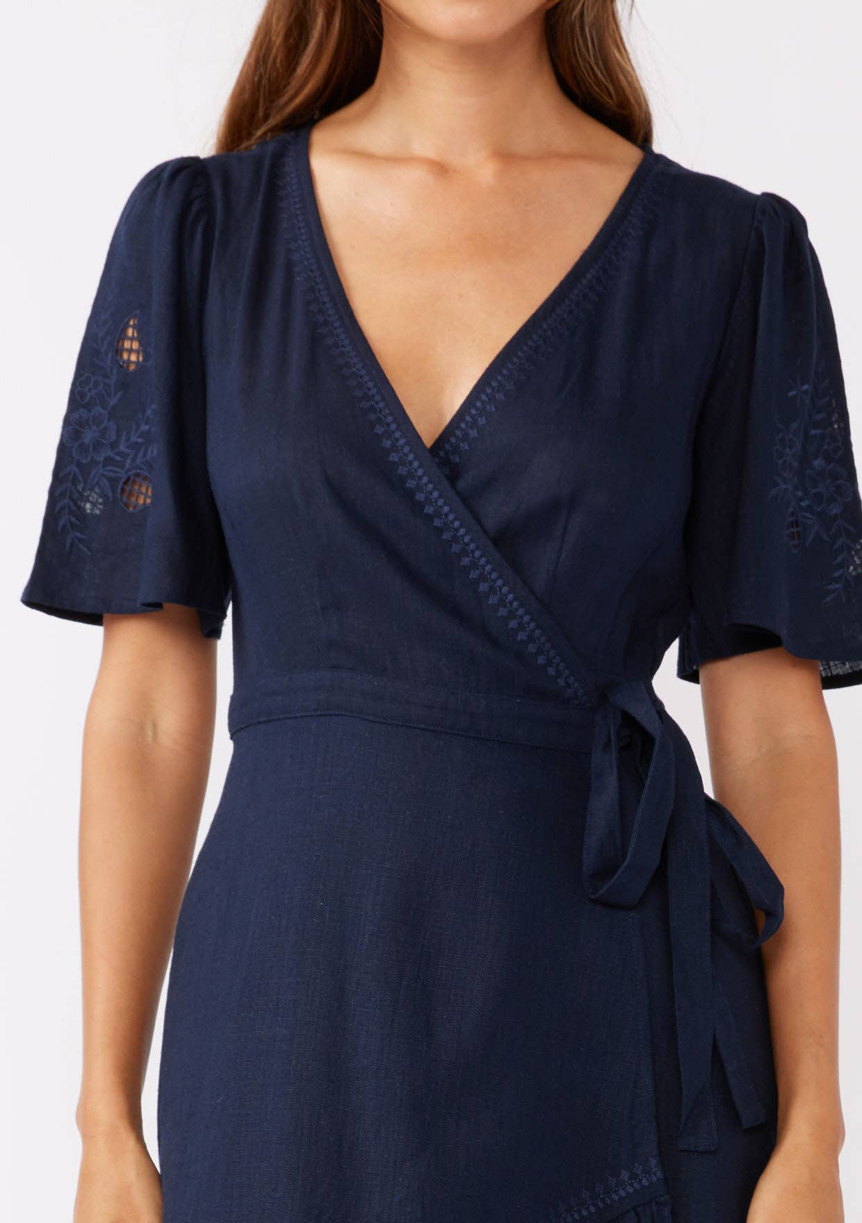 Lovestitch - Wholesale Dress - Women's - Cutout Embroidered Short Sleeve Midi Wrap Dress3