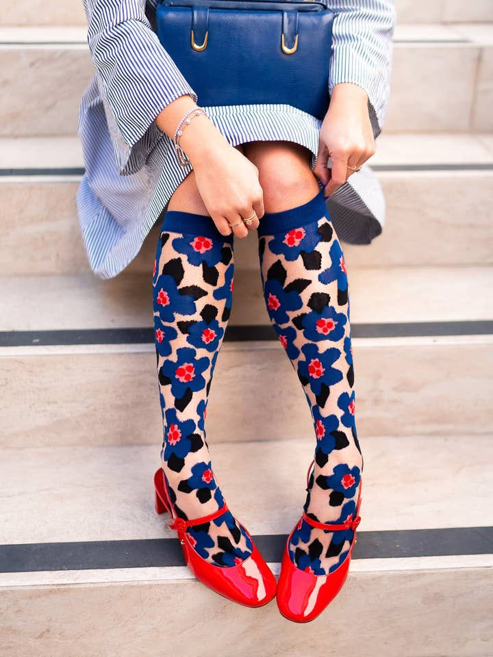 Bold Blue Sheer Knee High Sock for wholesale by Sock Candy