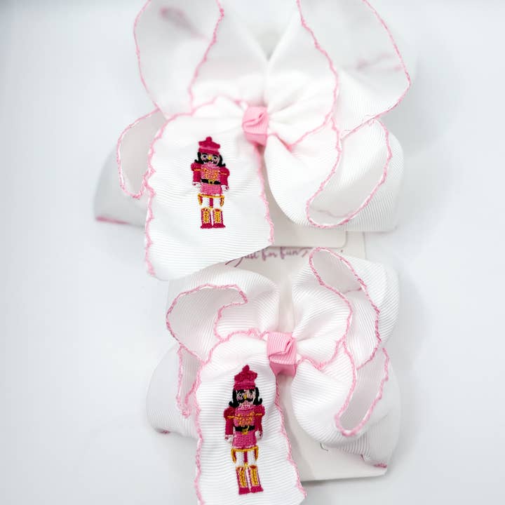 Pink Nutcracker Embroidered Moonstitch Hair Bow for wholesale by Just For Fun Threads