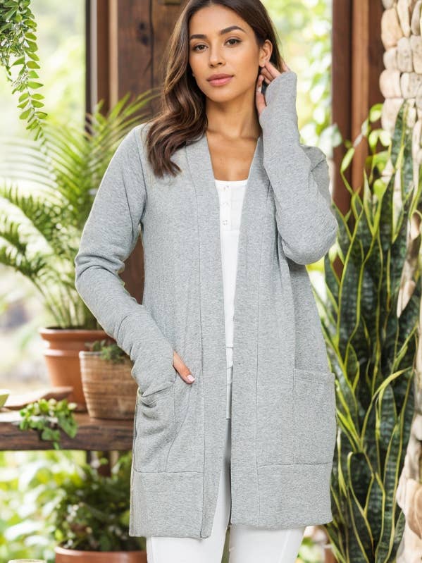 BRUSH OPEN MIDI CARDIGAN WITH THUMB HOLE for wholesale by Burgundy Apparel