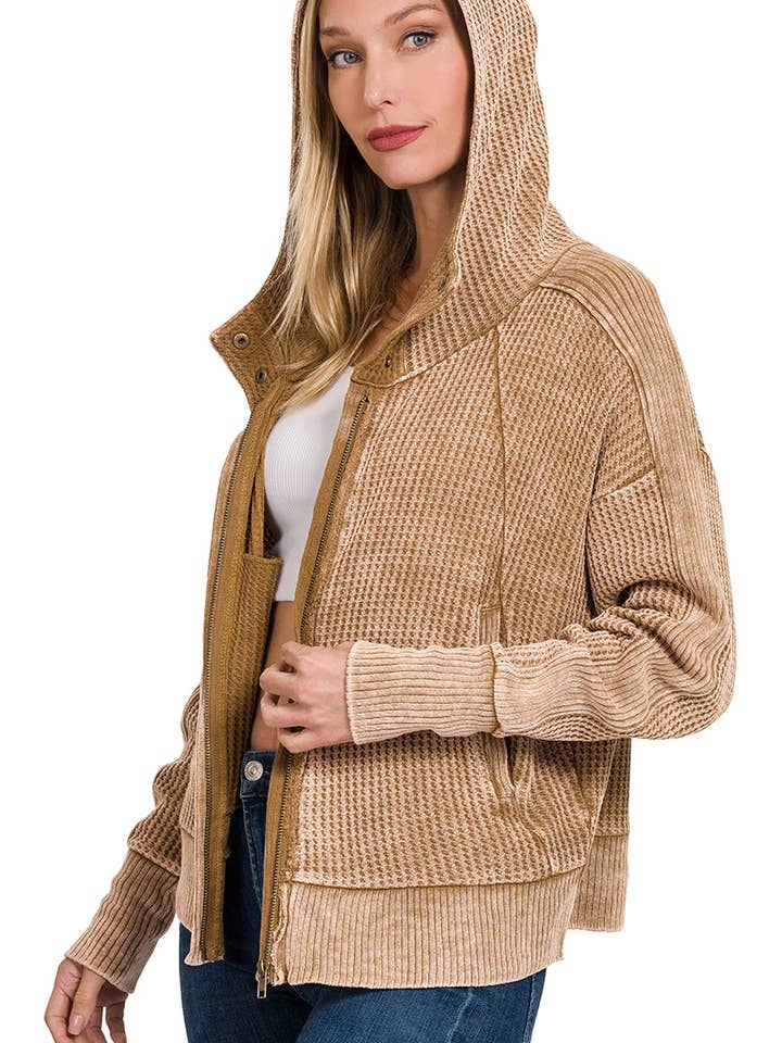 ..SI-25305 ACID WASH COTTON WAFFLE HOODED ZIP-UP JACKET W/ POC for wholesale by 42POPS