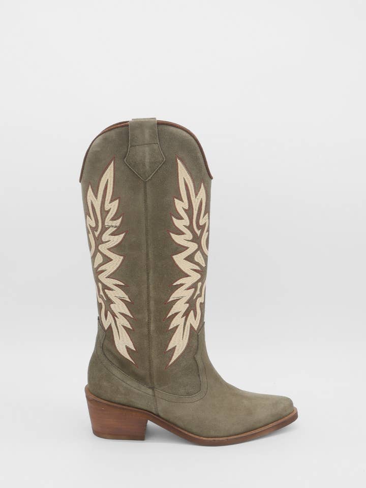 Sage western cowboy boot in olive suede leather womens shoe for wholesale by STIVALI NEW YORK