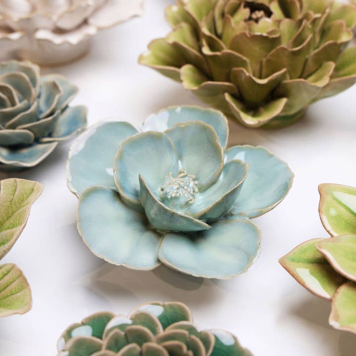 English Garden Ceramic Flower Wall Art Teal Lotus for wholesale on Faire