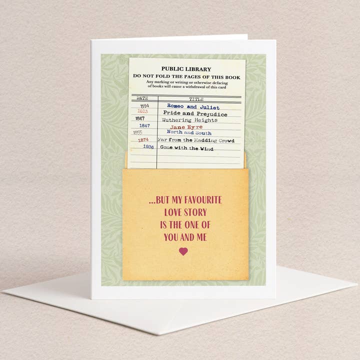 Library Card Romance Greeting Card for wholesale by Literary Craft Parlour