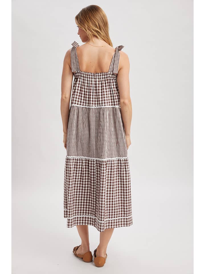 CHOCO CREAM MULTI-GINGHAM TIERED MIDI DRESS / WL25-12046 for wholesale on Faire2