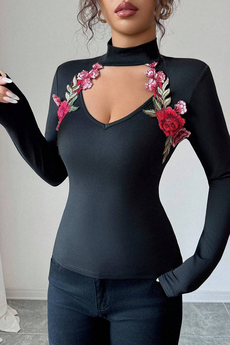BLACK Floral High-Neck T-Shirt for wholesale on Faire