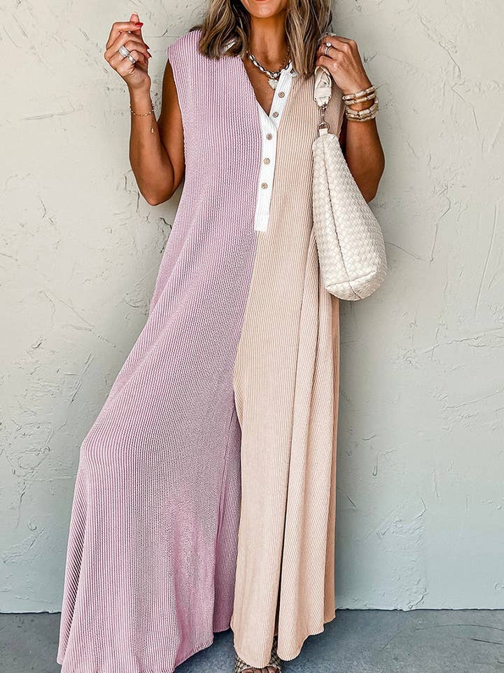 Color Block Corded Knit Buttoned Super Wide Leg Jumpsuit for wholesale by Umorger