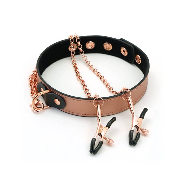 Liebe Seele – Großhandel Sexspielzeug – Rosegold Lederhalsband mit verstellbaren Brustwarzenklemmen5