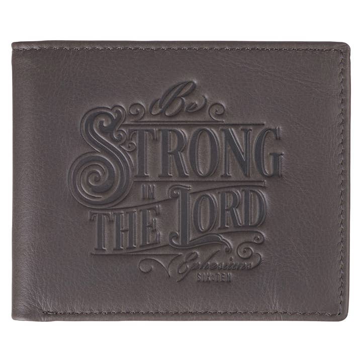 Wallet Leather Gray Strong in the Lord Eph. 6:10 for wholesale by Christian Art Gifts