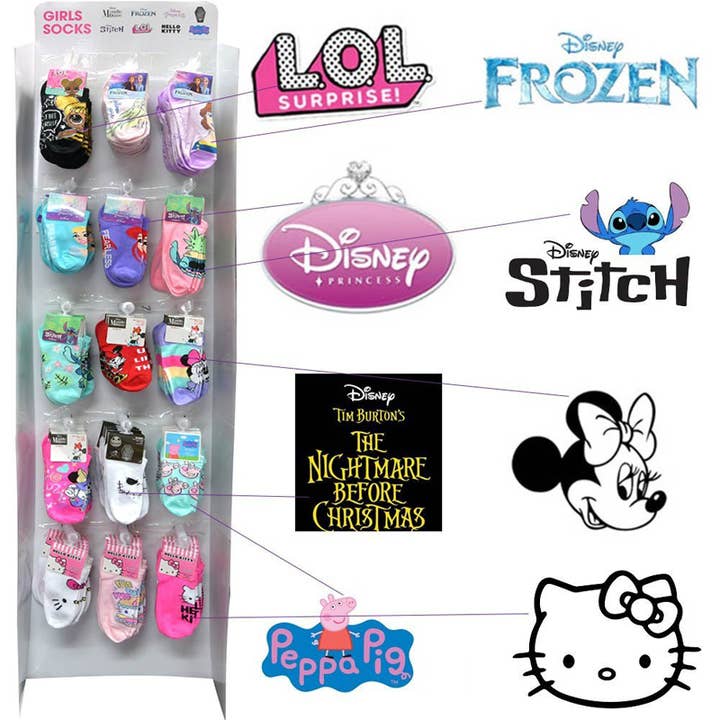Calcetines con licencia para niñas, set de 120 piezas con exhibidor para venta al por mayor de Deluxe Import Trading