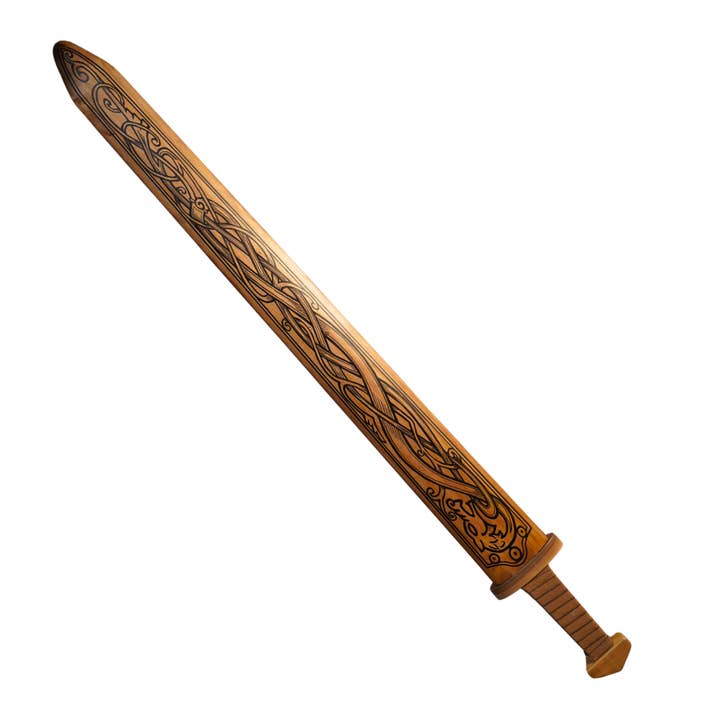 Backwoods Provisions - Wholesale Classic Toy - Kids - Large Wood Replica Viking Sword ith Norse Motif, Wooden Sheath with Leather Wrapped Handle6