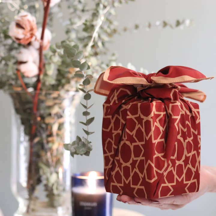 Red Millionaire's Xmas furoshiki gift wrap - recycled (rPet) for wholesale by Wrapuccino Ltd