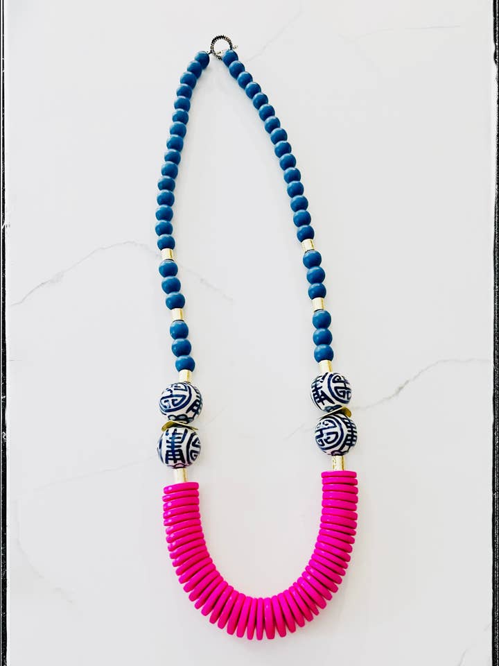 Coconut Wood Bead & Handpainted Chinoiserie Necklace- Blue for wholesale by GentrybyJenna