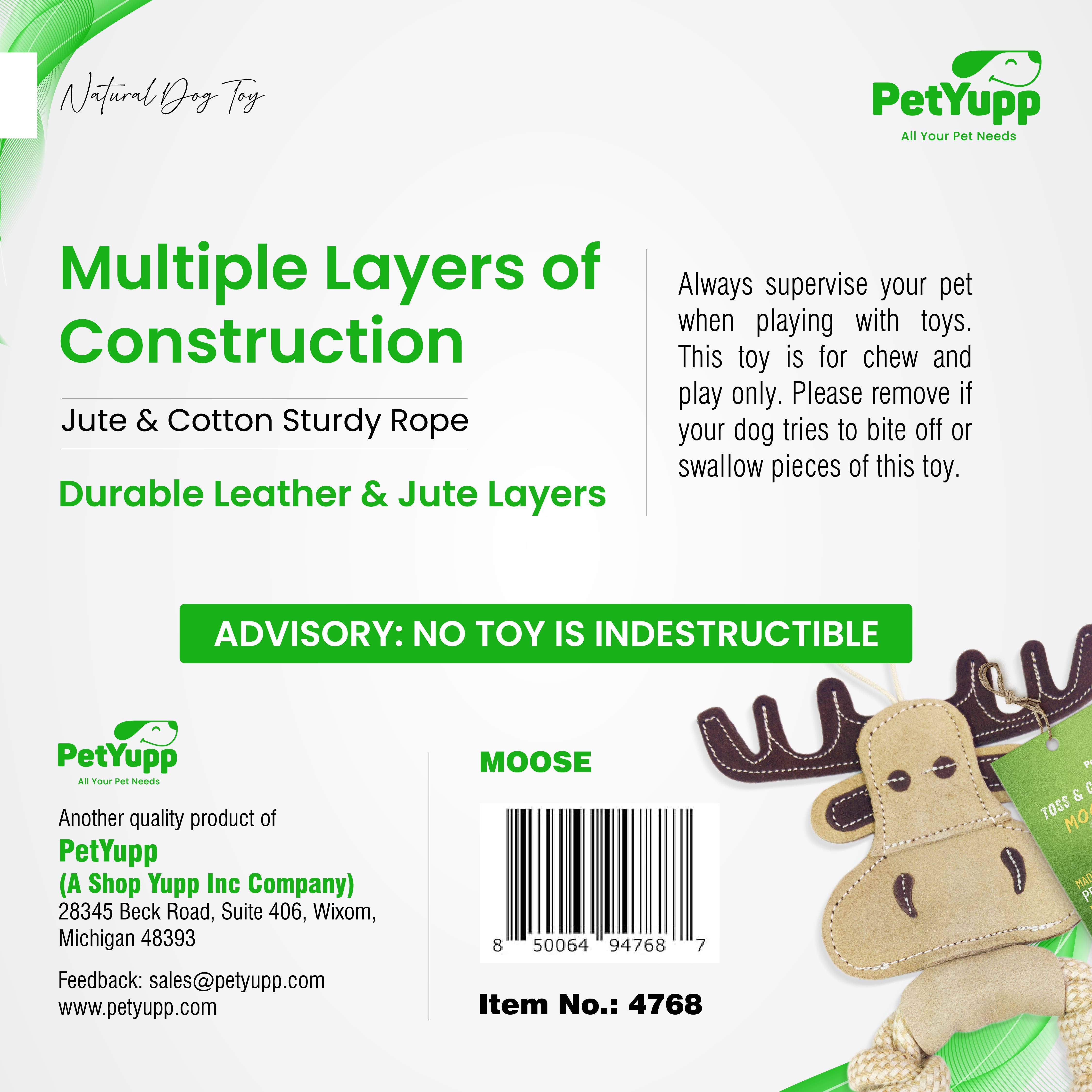 PetYupp - Wholesale Pet Rope Toy - Dog - Cotton & Jute Toss-Tug Dog Toy with Genuine Leather - Moose4