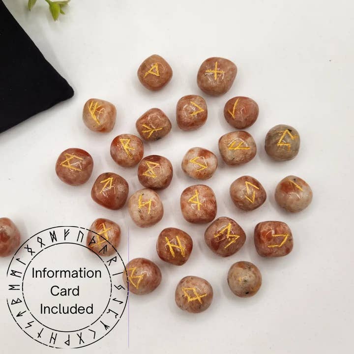 Sunstone Semi-Precious Gemstone Rune Sets + Velvet Pouch for wholesale by Meraki Gemstones