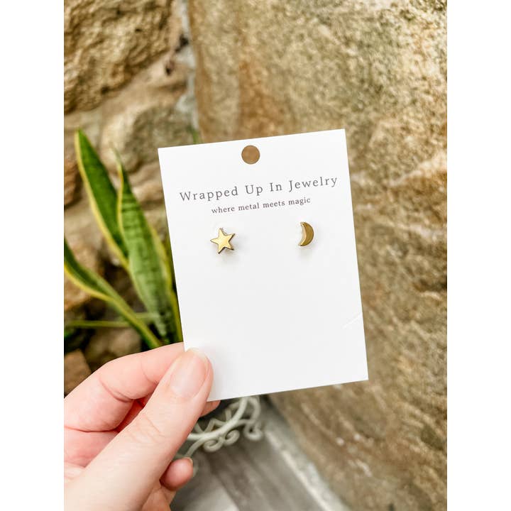 Celestial Star & Moon Studs – Gold Hematite, Sterling Silver for wholesale by Wrapped Up In Jewelry