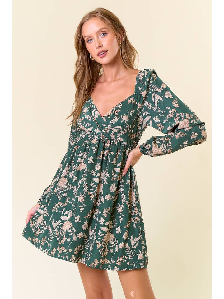 DK FOREST FLORAL PRINT LONG SLEEVE MINI DRESS - 27834D for wholesale on Faire