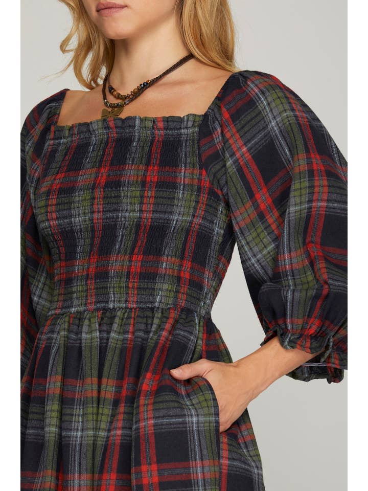 Peace Love Line - Wholesale Dress - Women's - PL3847 - PUFF SLEEVE SMOCKED TOP CHECKER WOVEN MIDI DRESS4