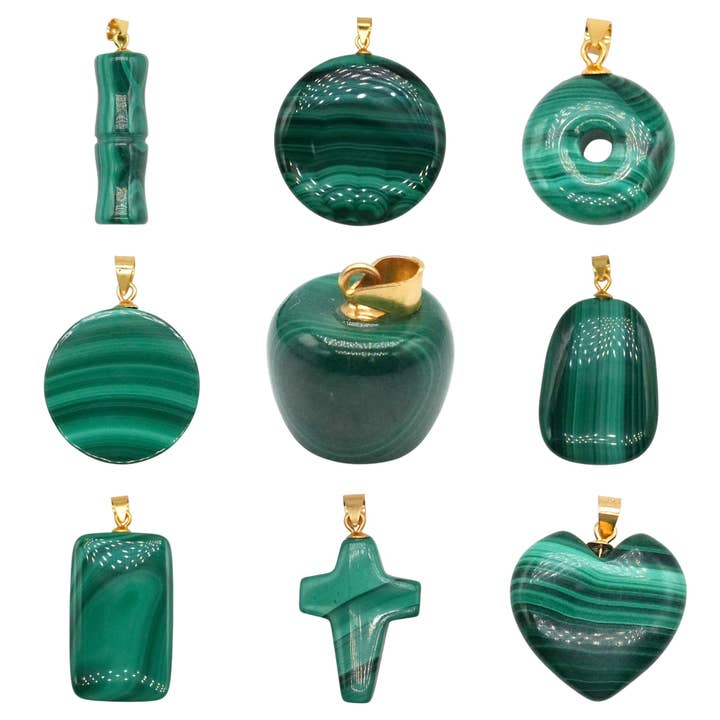 Foliesbijoux - Wholesale Individual Charm/Pendant - Gold or silver malachite pendant (11 shapes available) (Rhodium-plated brass bail included)
