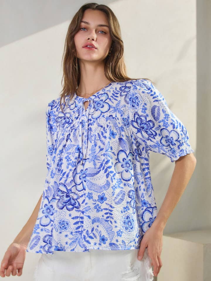 Blue Multi Summer Resort Printed Short Sleeve Blouse for wholesale on Faire