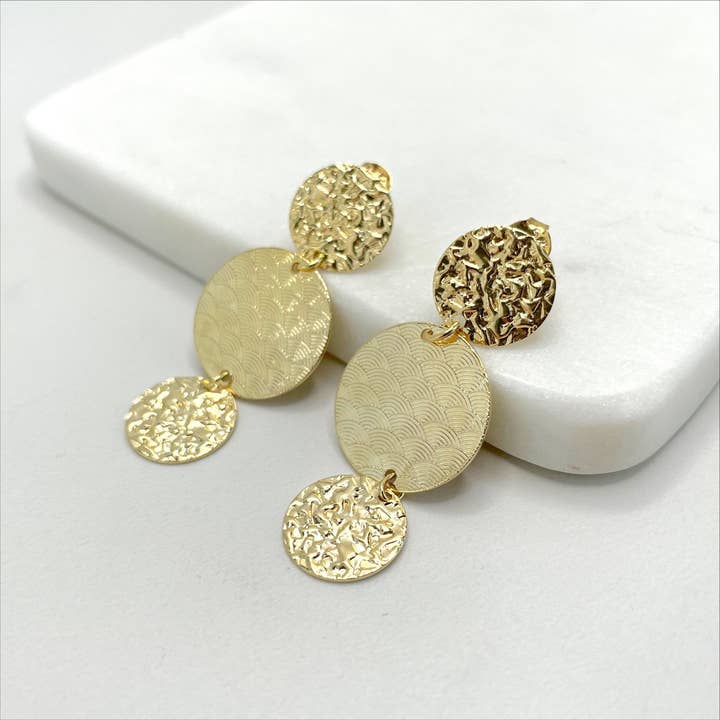 DIJU Jewelry - Wholesale - 18k Gold Filled Texturized Three Circles Dangle Earrings, Very Light, Push Back Closure, Wholesale Jewelry Making Supplies2