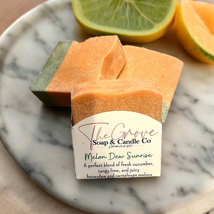 Melon Dew Sunrise Goat Milk Soap- Luxury coconut oil bath line for wholesale by The Grove Soap & Candle Co