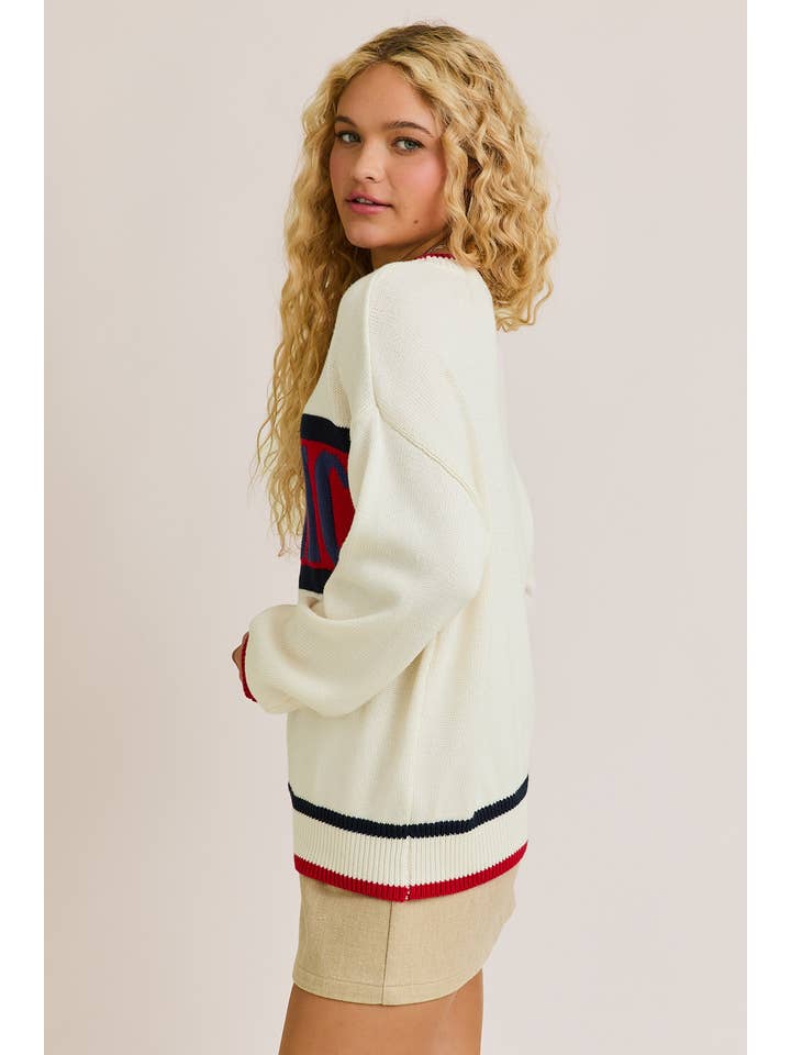 WHITE MULTI "AMERICA" GRAPHIC LONG SLEEVE CREW NECK SWEATER for wholesale on Faire