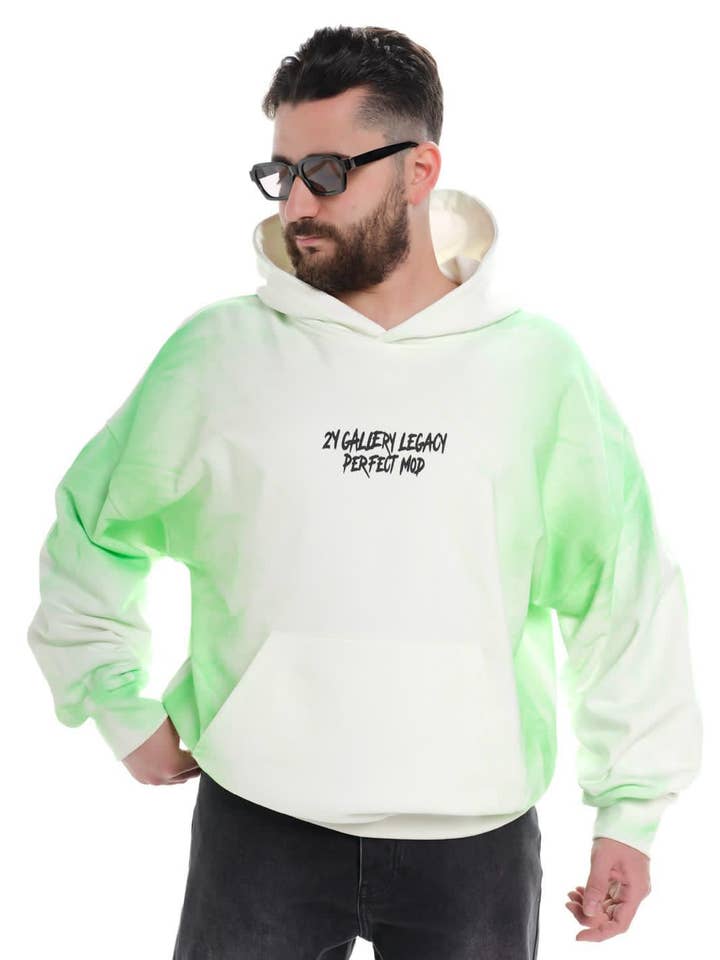 Herr Ecru Grön Oversized Grafisk Hoodie Streetwear HG-245 för wholesale av Monocloth