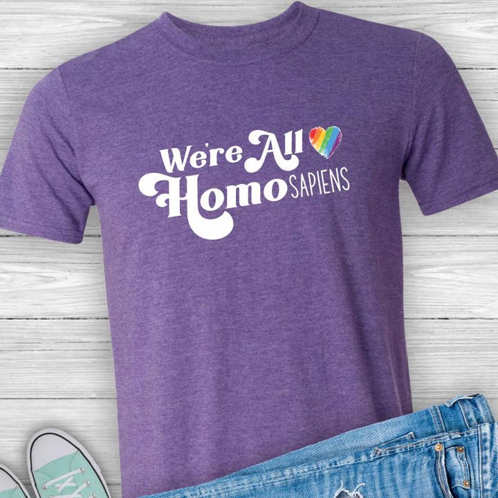 Suzy Swede - Wholesale Screen Printed T-Shirt - Women's - We're All Homo Sapiens Unisex Tshirt | LGBTQ Pride Ally1