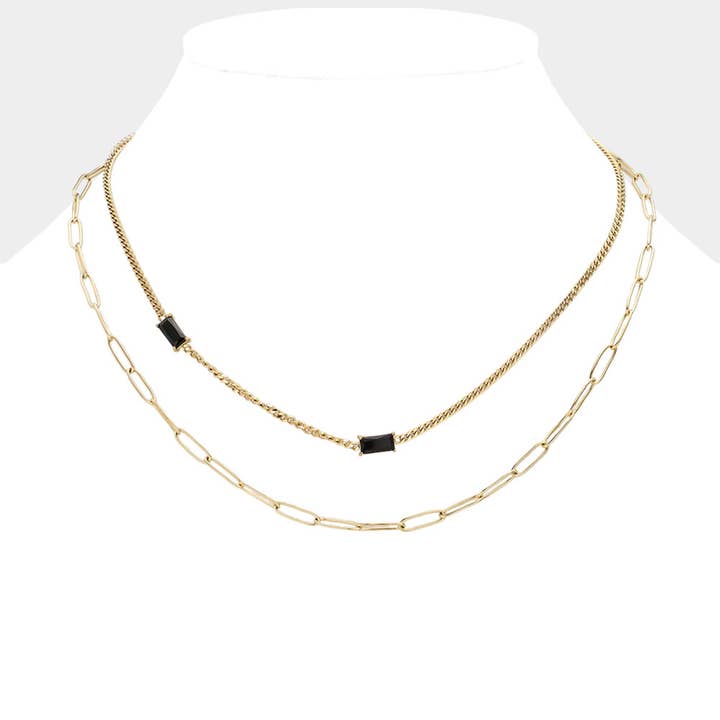 Emerald Cut Stone Cluster Pointed Stainless Steel Paperclip Chain Layered Necklace for wholesale by Sensibling Corp.