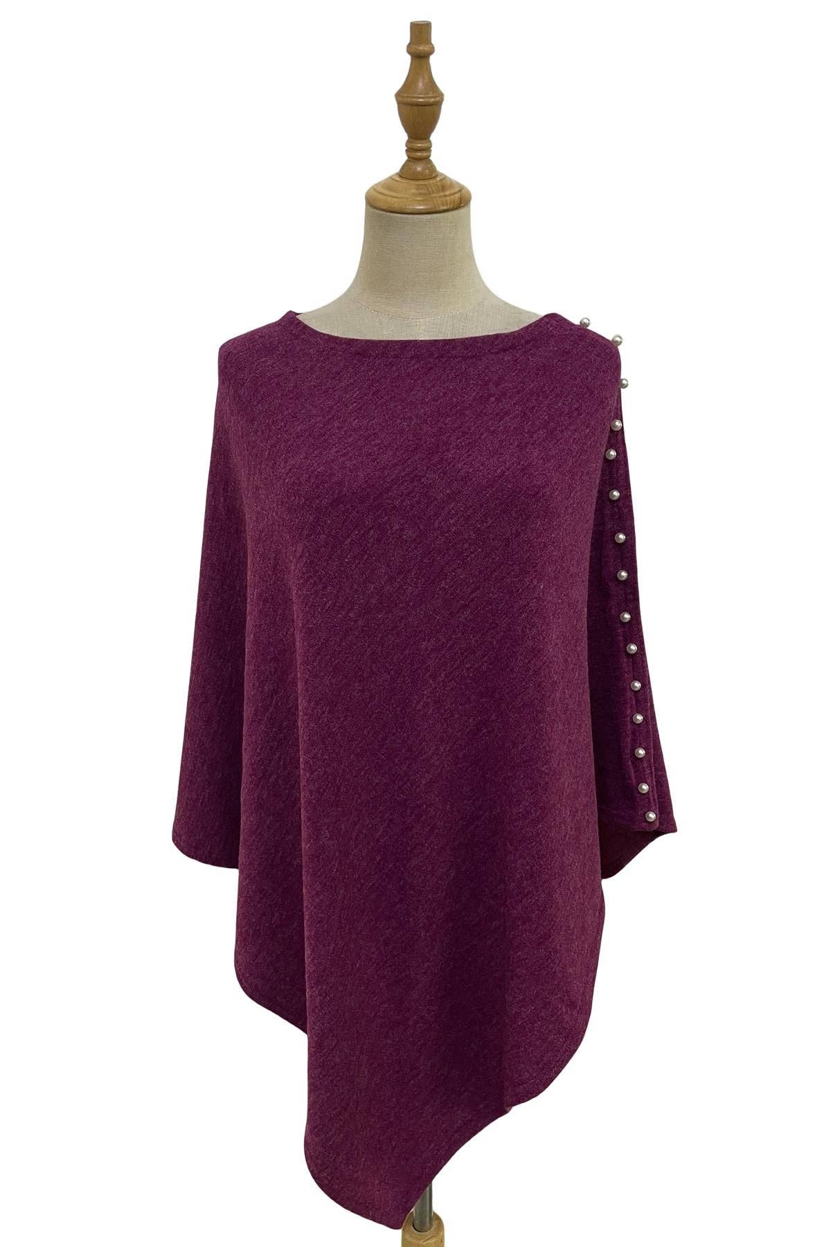 Fashion Scarf World - Wholesale Poncho - Women's - Plain Wool Knit Poncho With Pearl Detailing18