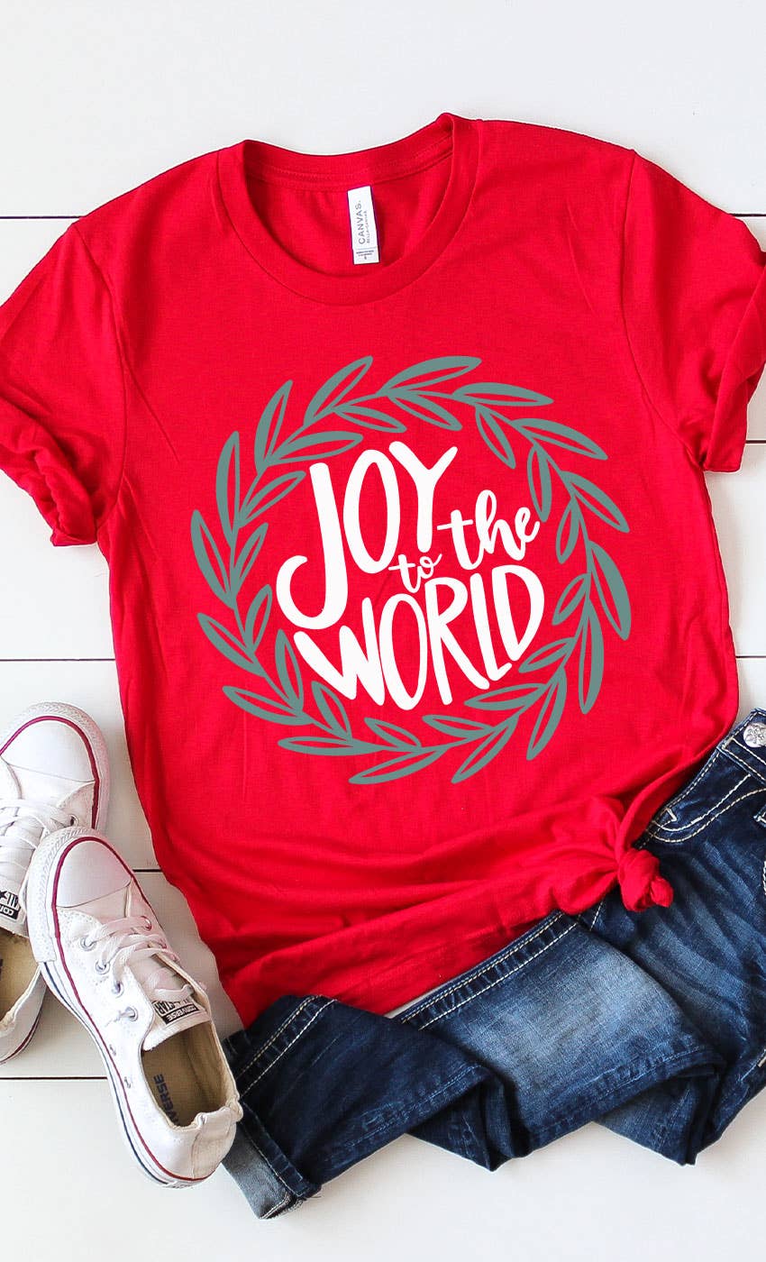 Kissed Apparel - Wholesale Screen Printed T-Shirt - Women's - Joy to The World Wreath Christmas Plus Size Graphic Tee0