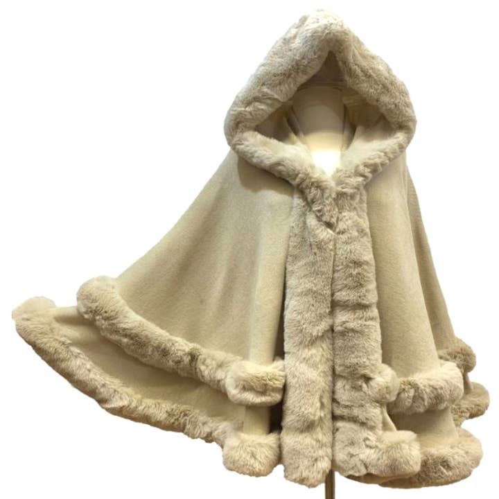 Madeline Love - Vendita all'ingrosso Poncho - Donna - Elegante poncho Ruana in maglia con bordo in pelliccia sintetica a 2 file