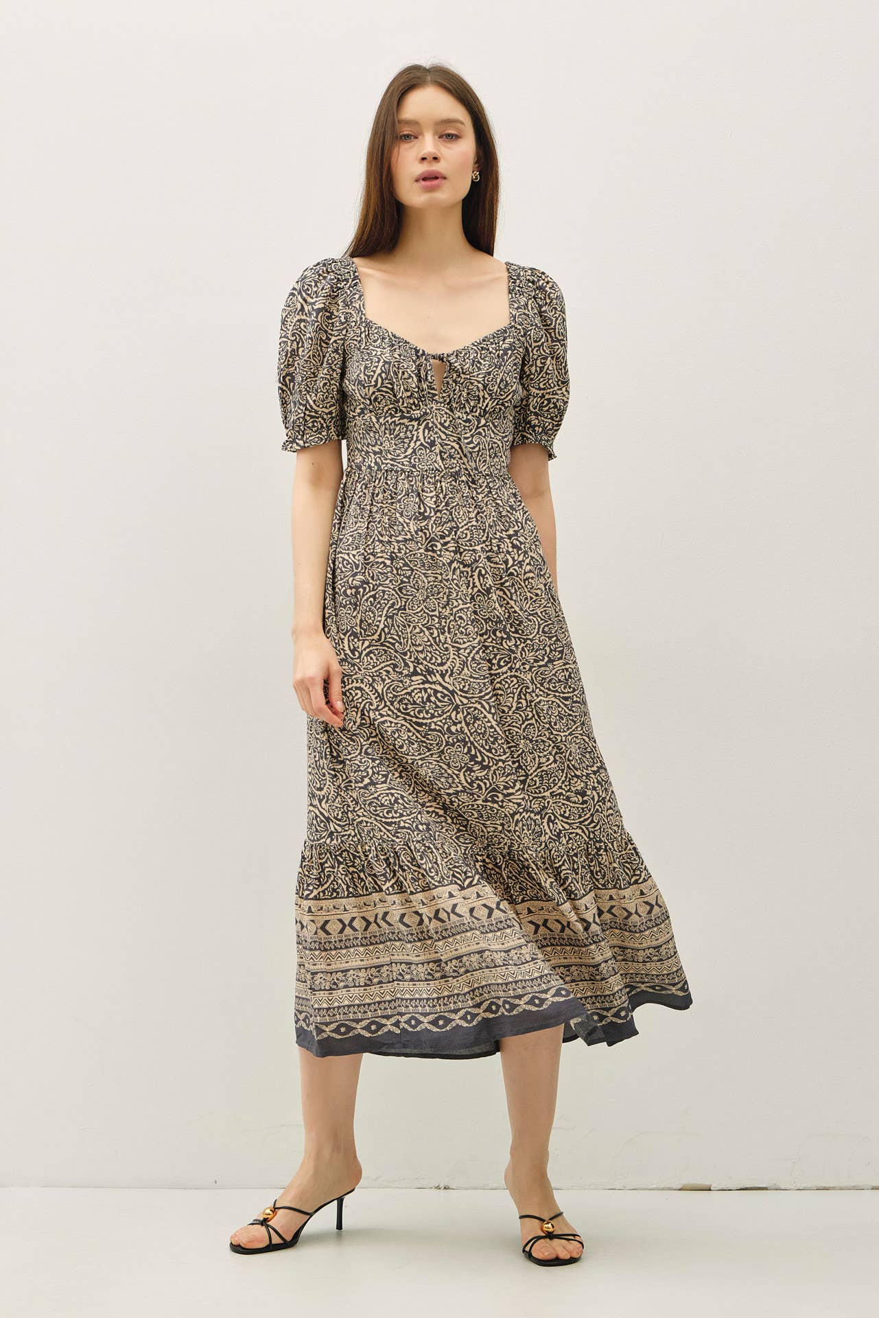 Be Cool - Vente Robe – femme - ROBE MIDI À MANCHES BOUFFANTES AVEC IMPRIMÉ BORDURE CACHEMIRE9