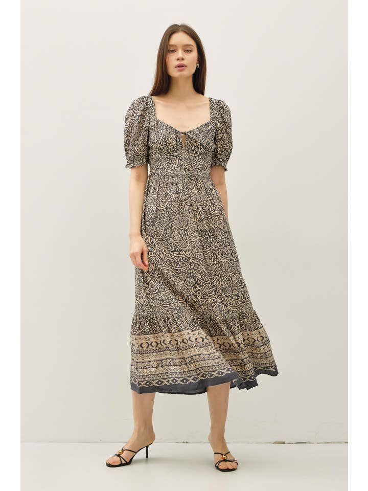 Be Cool - Wholesale Dress - Women's - PAISLEY BOARDER PRINT PUFF SLEEVE MIDI DRESS
9