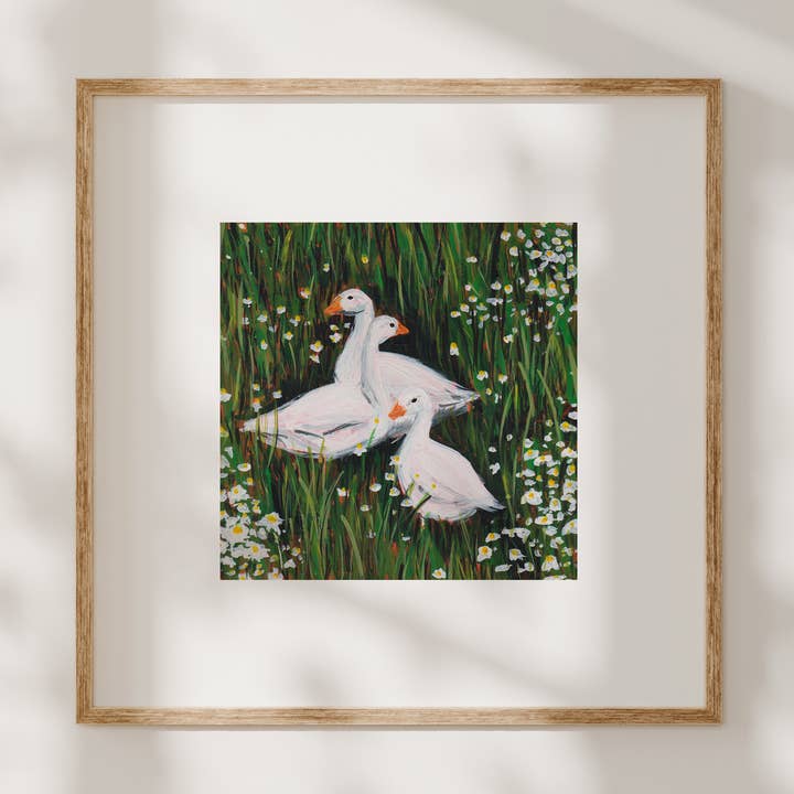 Cottagecore Geese in Flower Field Artistic Mounted Art Print for wholesale by Emily Laura Designs
