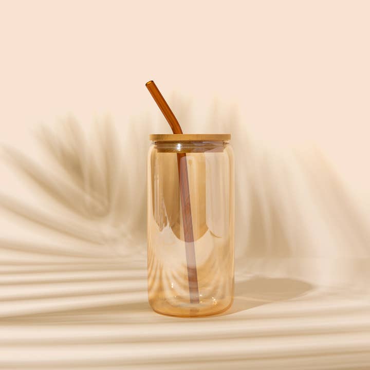 Peach Can Glass Cup with Lid and straw for wholesale by kessellate