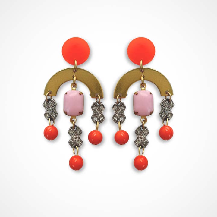 Refashioned vintage pink, orange, and rhinestone chandelier earrings w/ brass arc for wholesale by Lulu’s Petals