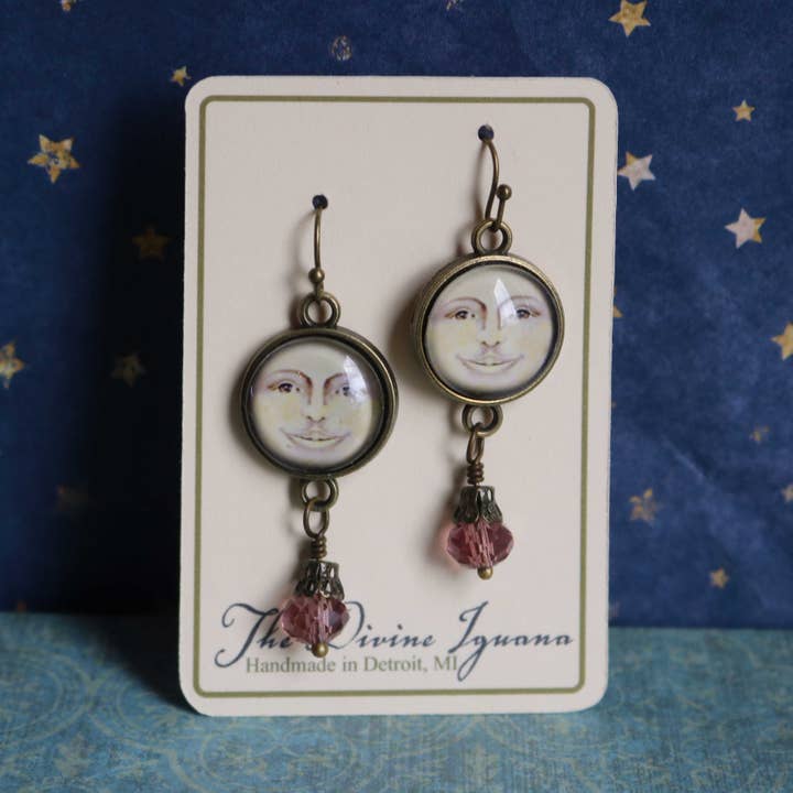 The Divine Iguana - Wholesale Dangle Earrings - Victorian Man in the Moon Glass Cabochon and Bronze Earrings2