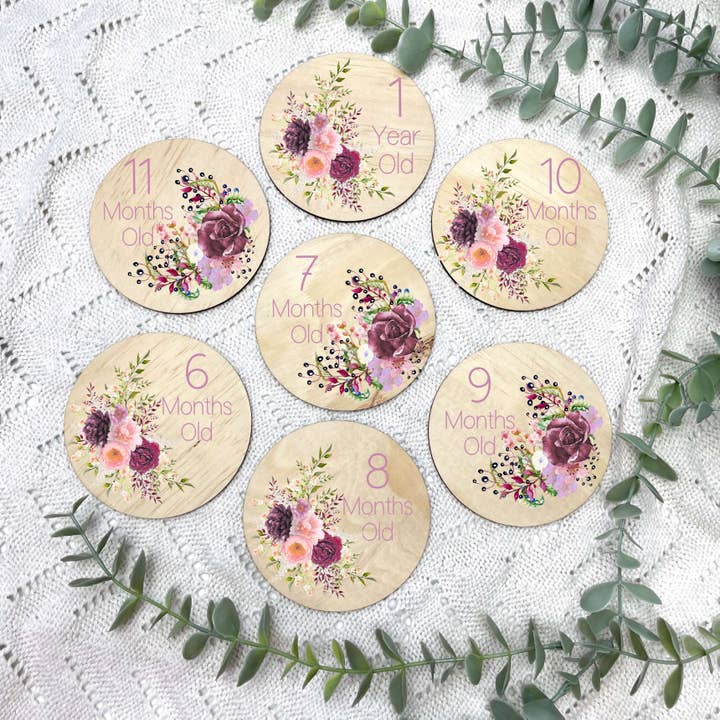 Floral baby milestone discs, newborn milestones for wholesale by Carrousel Collectives