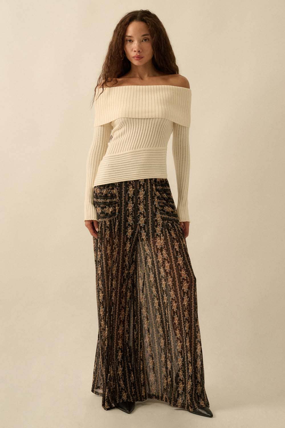 Promesa USA - Wholesale Knit Sweater - Women's - Sheer Rib-Knit Off-Shoulder Foldover Sweater21