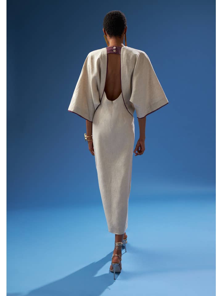 ANTHERIS - Wholesale Dress - Women's - Paneled Shimmering Silk Maxi Dress With Open Back3